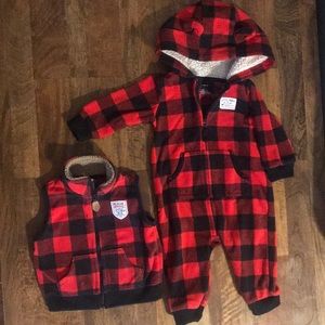 Cozy Buffalo Plaid Vest and Hooded Romper
